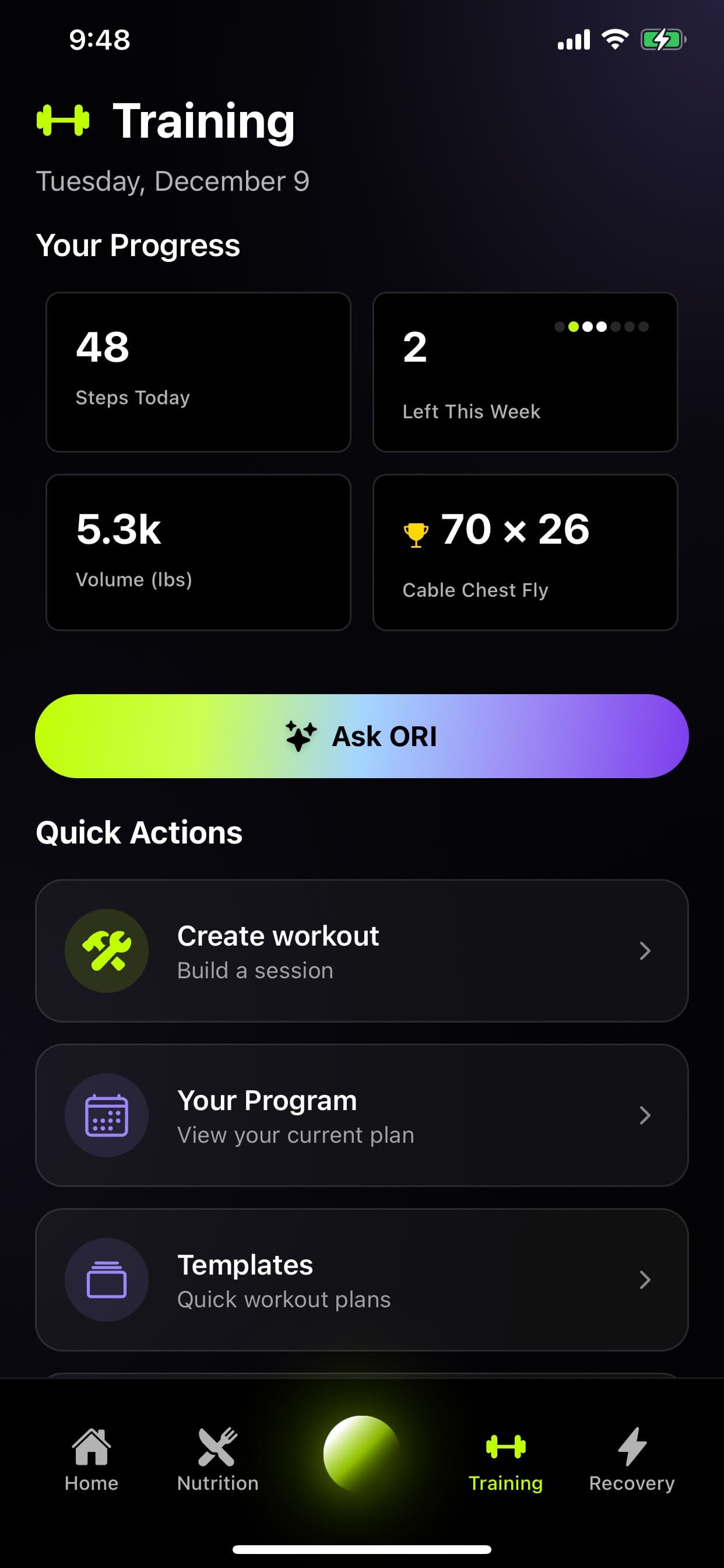 ORI workout tracking with progress stats